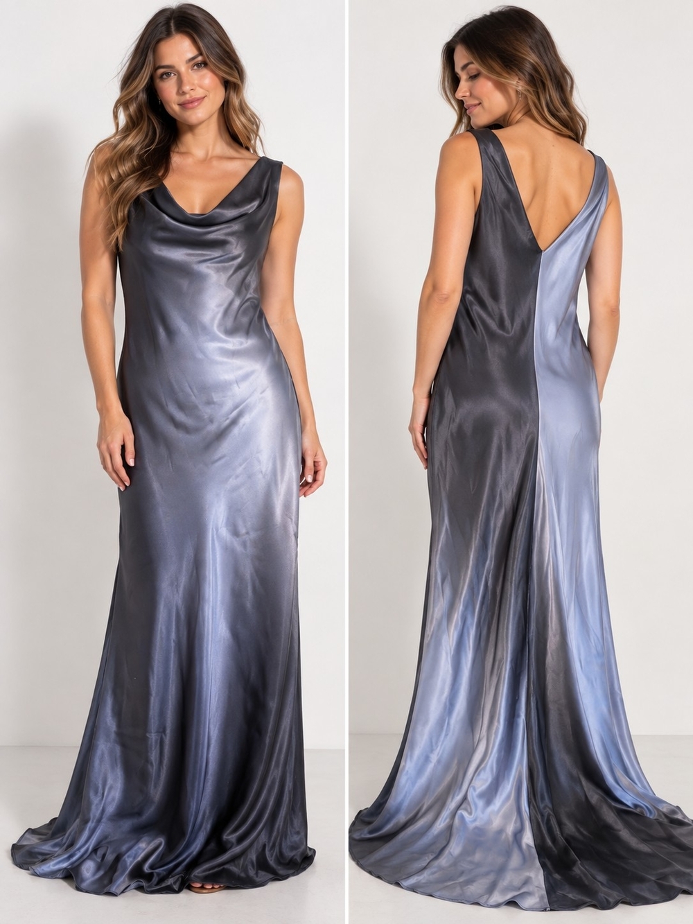 Vintage Onyx Nite Metallic Liquid Satin  Maxi Slip Dress Grey Silver Ombre Sz 10